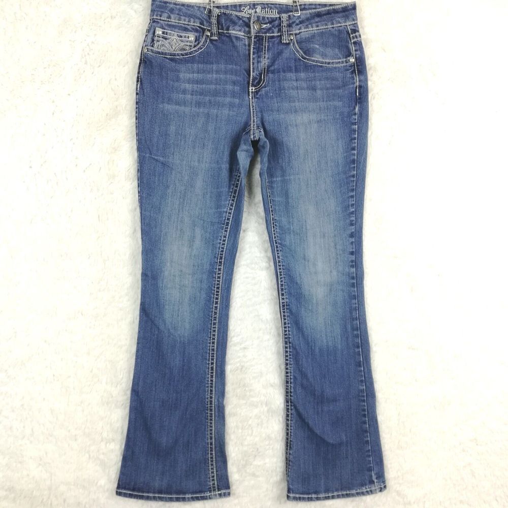 Love Nation Womens Jeans Classic Boot Cut Denim Blue Jeweled Studded Mid 10